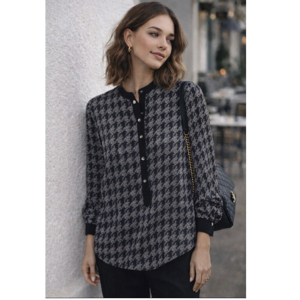 🦋 MARC JACOBS 100% Silk Black Gray Print Blouse Tunic Mandarin Collar M